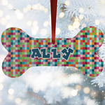 Retro Pixel Squares Ceramic Dog Ornament w/ Name and Initial
