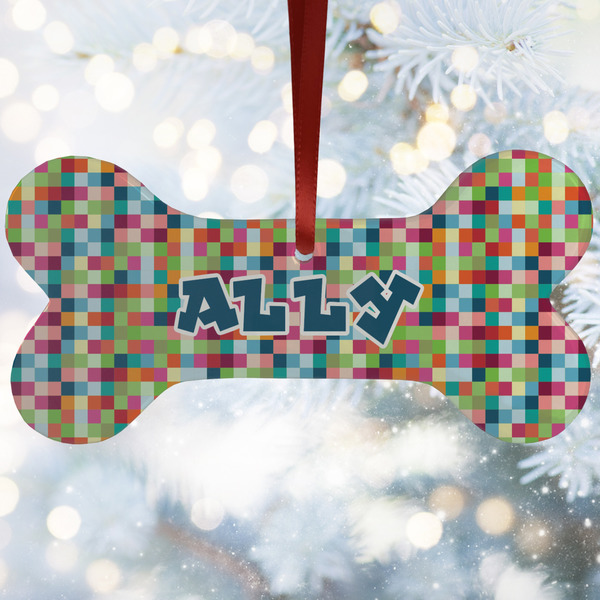 Custom Retro Pixel Squares Ceramic Dog Ornament w/ Name and Initial