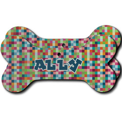 Retro Pixel Squares Ceramic Dog Ornament - Front & Back w/ Name and Initial
