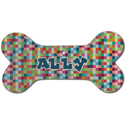 Retro Pixel Squares Ceramic Dog Ornament - Front w/ Name and Initial