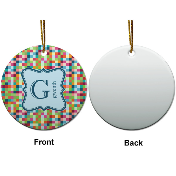 Retro Pixel Squares Ceramic Flat Ornament - Circle Front & Back (APPROVAL)