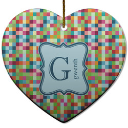 Retro Pixel Squares Heart Ceramic Ornament w/ Name and Initial