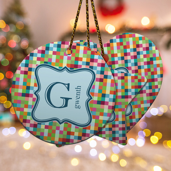 Custom Retro Pixel Squares Ceramic Ornament w/ Name and Initial