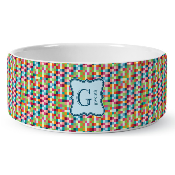 Custom Retro Pixel Squares Ceramic Dog Bowl (Personalized)