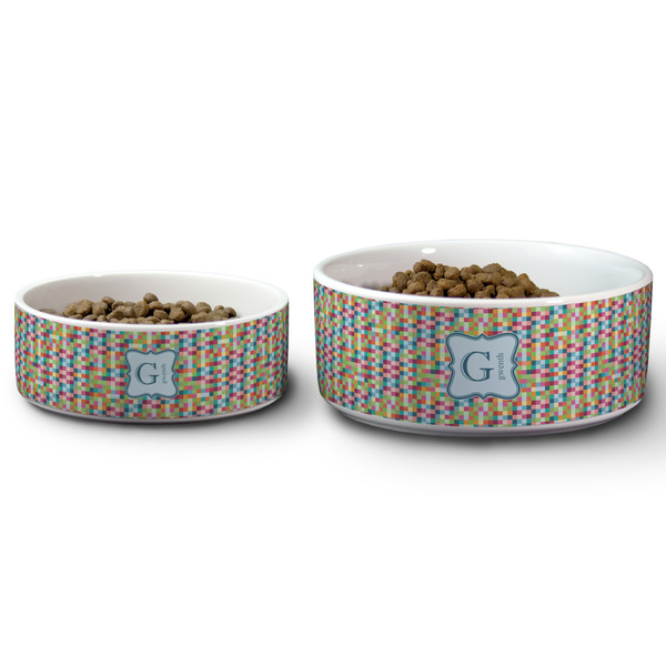 Retro Pixel Squares Ceramic Dog Bowls - Size Comparison