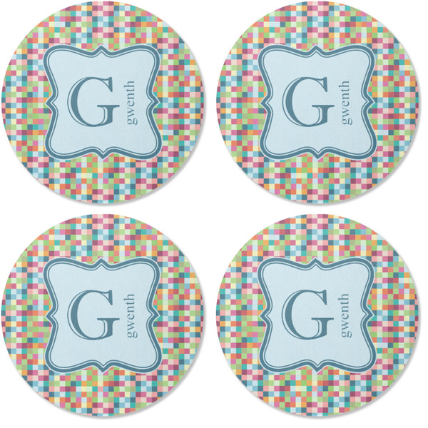 Retro Pixel Squares Coaster Round Rubber Back - Apvl