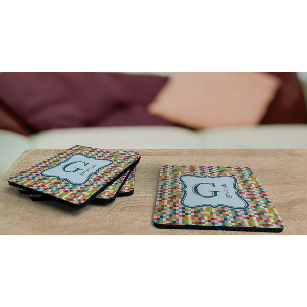 Retro Pixel Squares Coaster Rubber Back - On Coffee Table