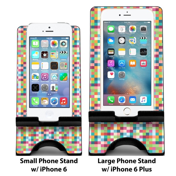 Retro Pixel Squares Compare Phone Stand Sizes - with iPhones