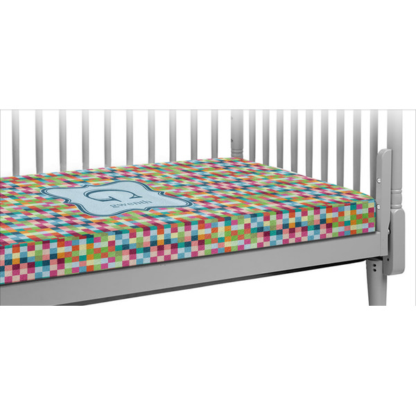 Custom Retro Pixel Squares Crib Fitted Sheet w/ Name and Initial