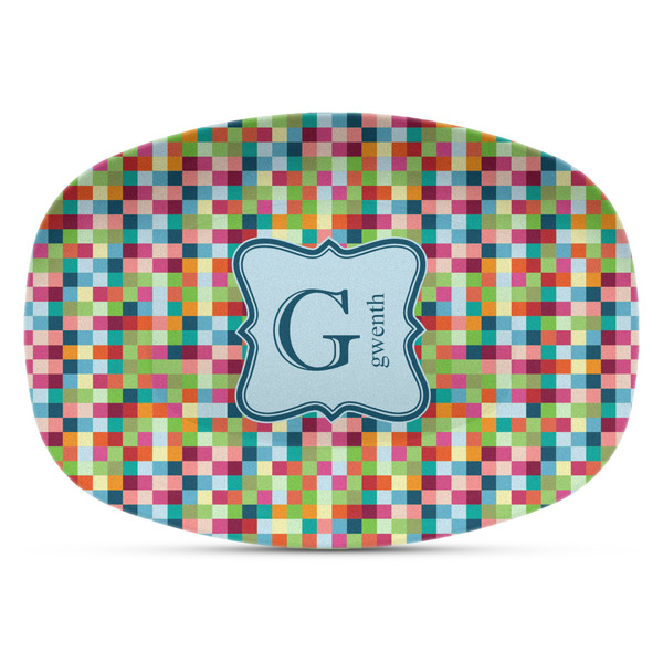 Custom Retro Pixel Squares Plastic Platter - Microwave & Oven Safe Composite Polymer (Personalized)