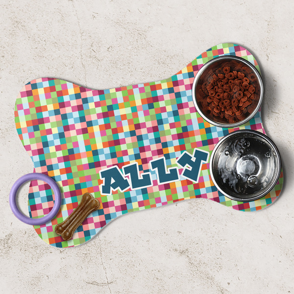Retro Pixel Squares Dog Bone Shaped Mat Lifestyle
