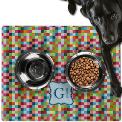 Retro Pixel Squares Dog Food Mat - Large w/ Name and Initial