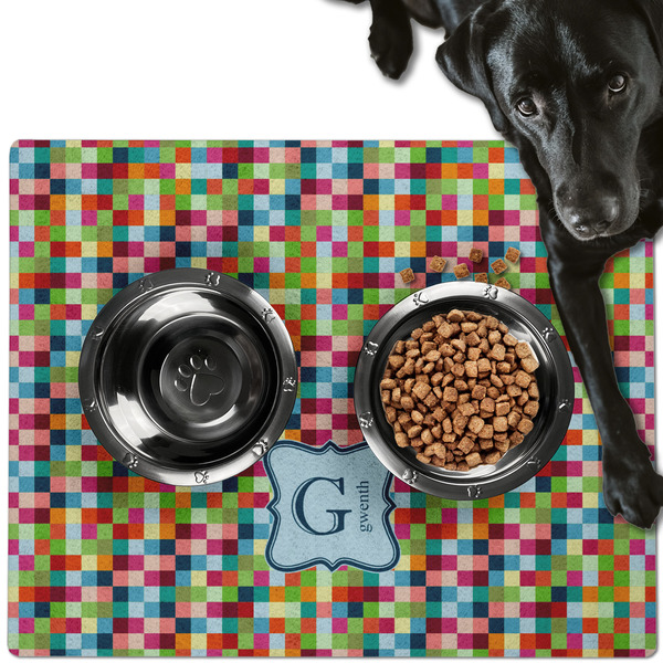 Custom Retro Pixel Squares Dog Food Mat - Large w/ Name and Initial