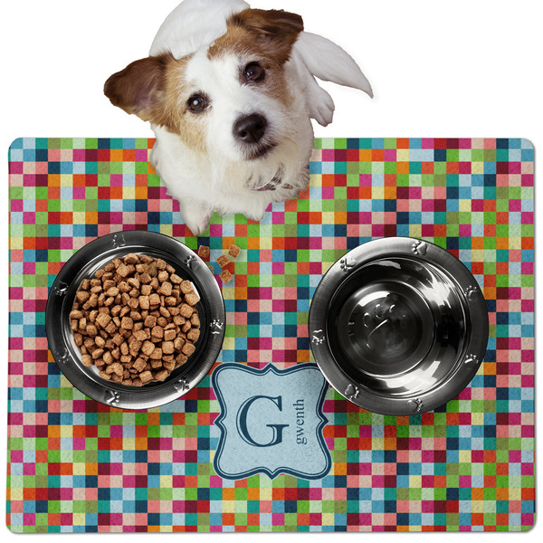 Custom Retro Pixel Squares Dog Food Mat - Medium w/ Name and Initial