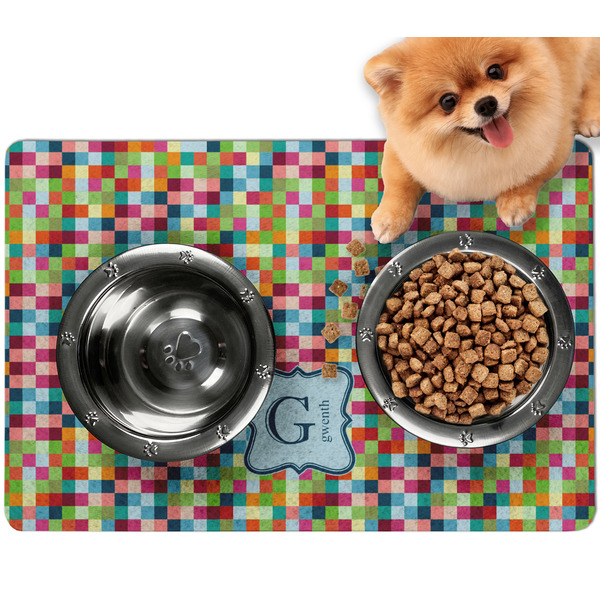Custom Retro Pixel Squares Dog Food Mat - Small w/ Name and Initial