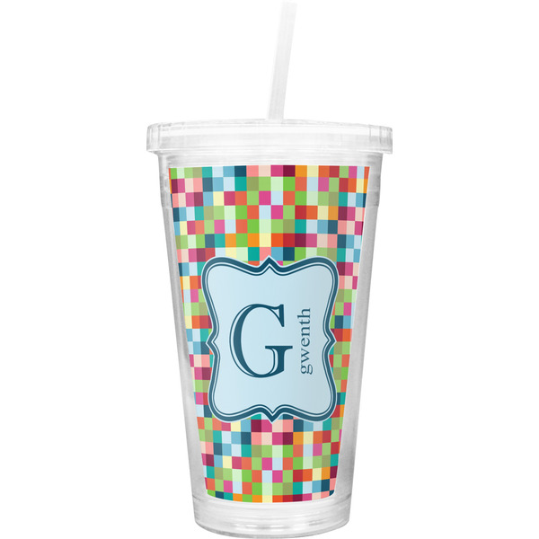 Custom Retro Pixel Squares Double Wall Tumbler with Straw (Personalized)
