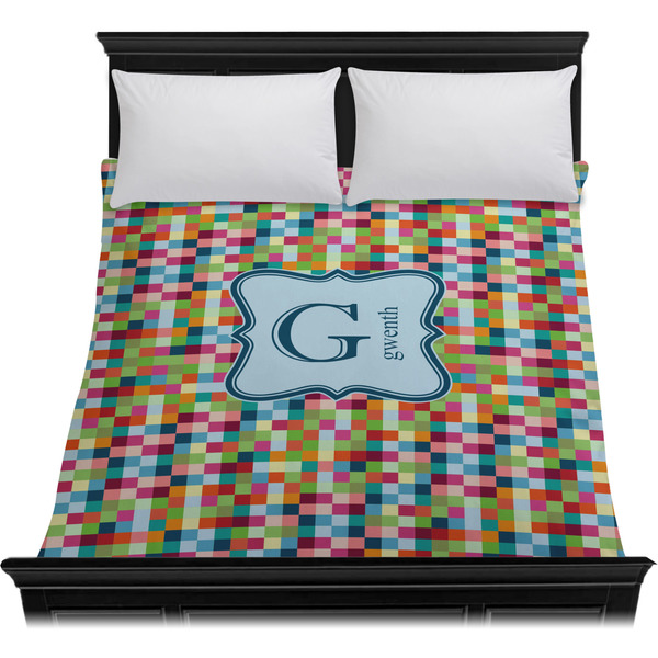 Retro Pixel Squares Duvet Cover - Queen - On Bed - No Prop