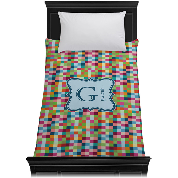 Retro Pixel Squares Duvet Cover - Twin - On Bed - No Prop