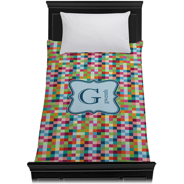 Retro Pixel Squares Duvet Cover - Twin XL - On Bed - No Prop
