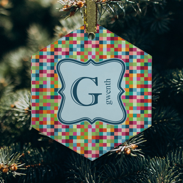 Retro Pixel Squares Frosted Glass Ornament - Hexagon (Lifestyle)