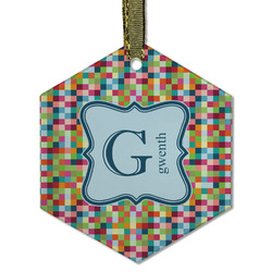Retro Pixel Squares Flat Glass Ornament - Hexagon w/ Name and Initial