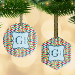 Retro Pixel Squares Flat Glass Ornament w/ Name and Initial