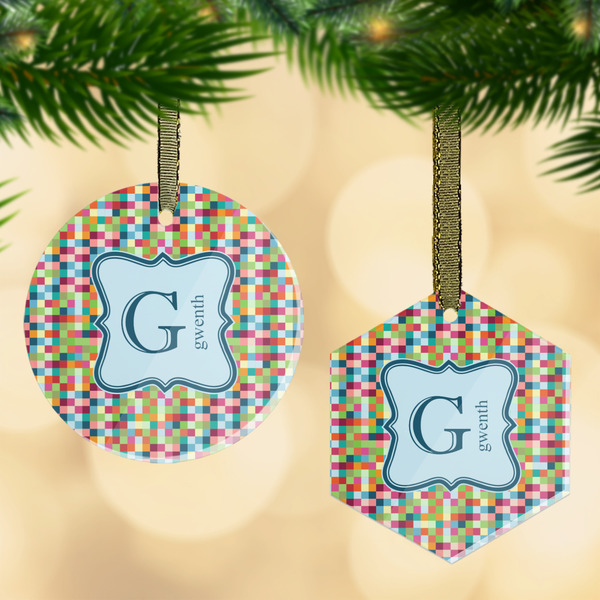 Custom Retro Pixel Squares Flat Glass Ornament w/ Name and Initial