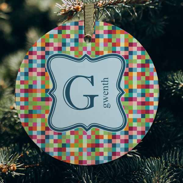 Retro Pixel Squares Frosted Glass Ornament - Round (Lifestyle)