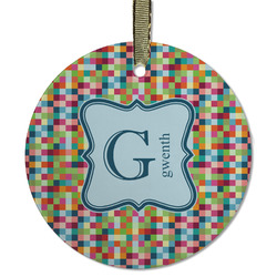 Retro Pixel Squares Flat Glass Ornament - Round w/ Name and Initial