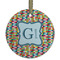 Retro Pixel Squares Flat Glass Ornament - Round w/ Name and Initial