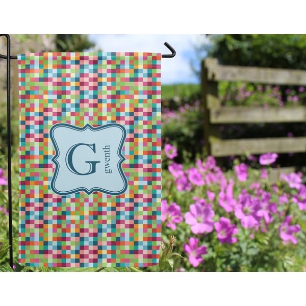 Retro Pixel Squares Garden Flag - Outside In Flowers