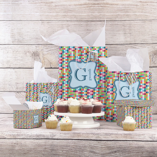 Retro Pixel Squares Gift Bags - In Context