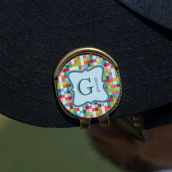 Retro Pixel Squares Golf Ball Marker Hat Clip - Gold - On Hat