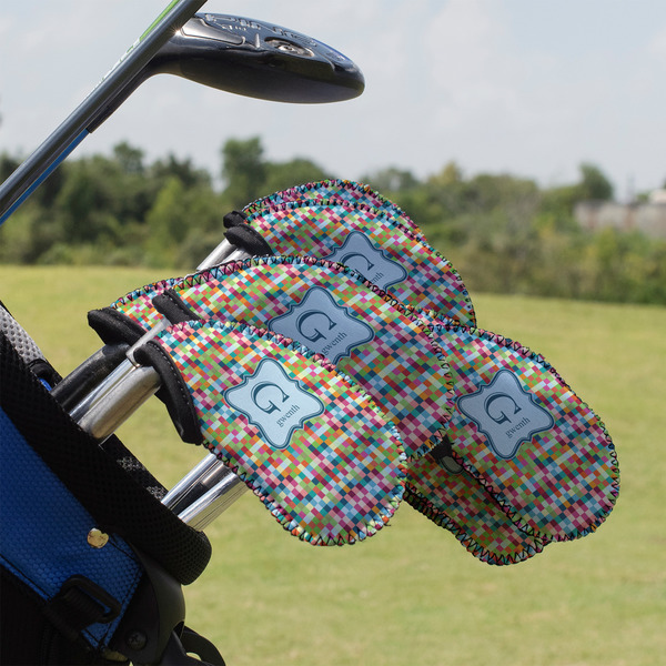 Custom Retro Pixel Squares Golf Club Iron Cover - Set of 9 (Personalized)