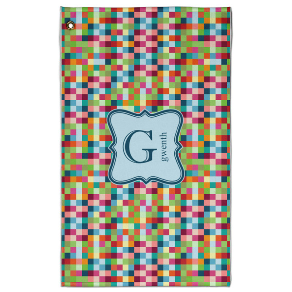 Custom Retro Pixel Squares Golf Towel - Poly-Cotton Blend w/ Name and Initial