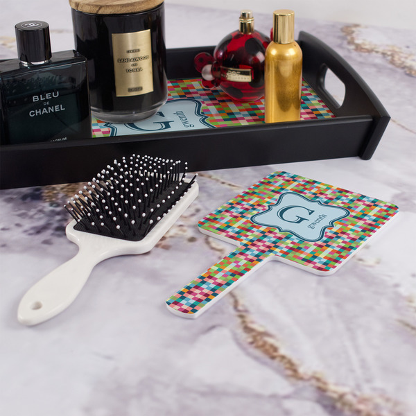 Retro Pixel Squares Hand Mirror - With Hair Brush