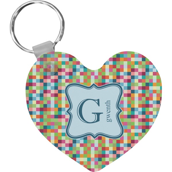 Custom Retro Pixel Squares Heart Plastic Keychain w/ Name and Initial