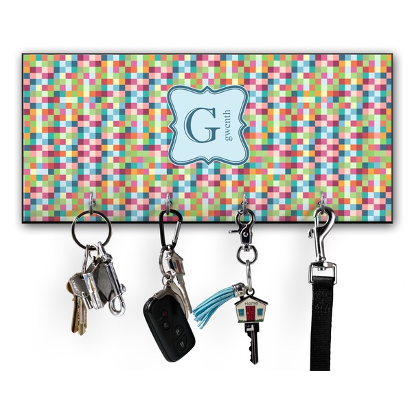 Custom Retro Pixel Squares Key Hanger w/ 4 Hooks w/ Name and Initial