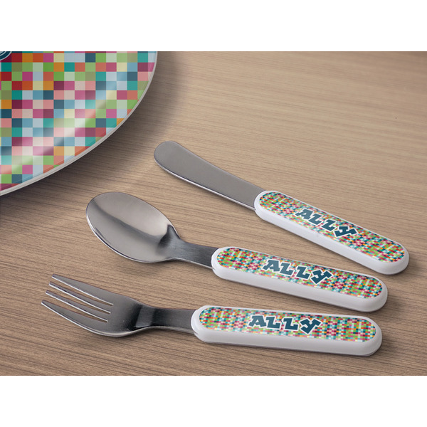 Retro Pixel Squares Kids Flatware w/ Plate