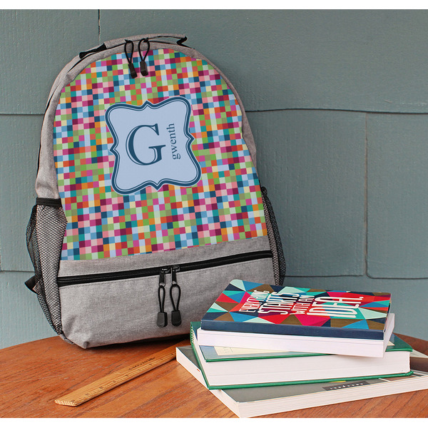 Retro Pixel Squares Large Backpack - Gray - On Desk