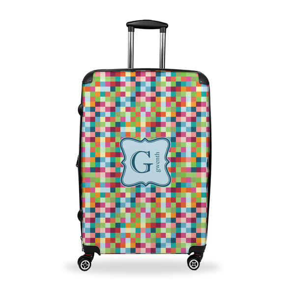 Custom Retro Pixel Squares Suitcase - 28" Large - Checked w/ Name and Initial