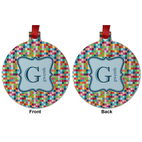 Retro Pixel Squares Metal Ball Ornament - Front and Back