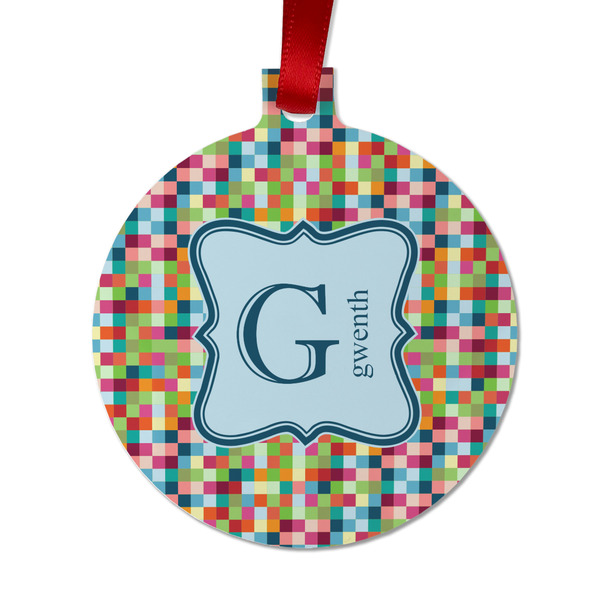 Custom Retro Pixel Squares Metal Ball Ornament - Double Sided w/ Name and Initial
