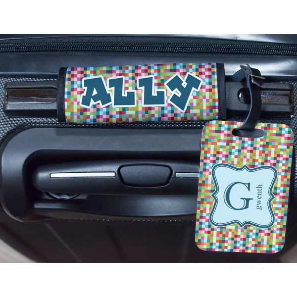 Retro Pixel Squares Metal Luggage Tag & Handle Wrap - In Context