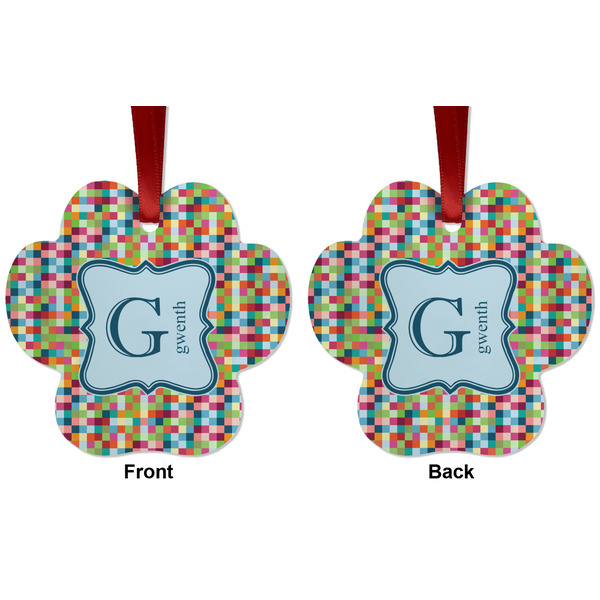 Retro Pixel Squares Metal Paw Ornament - Front and Back