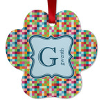 Retro Pixel Squares Metal Paw Ornament - Double Sided w/ Name and Initial