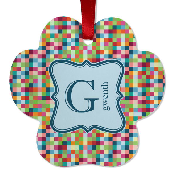 Custom Retro Pixel Squares Metal Paw Ornament - Double Sided w/ Name and Initial
