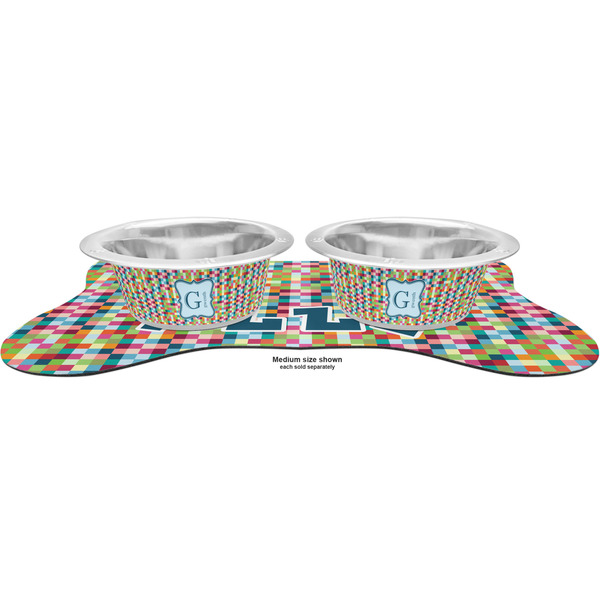 Retro Pixel Squares Metal Pet Bowls - On Dog Bone Shaped Mat