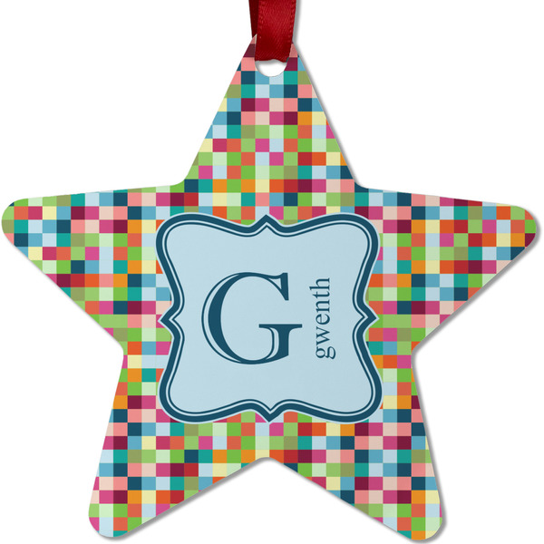 Custom Retro Pixel Squares Metal Star Ornament - Double Sided w/ Name and Initial
