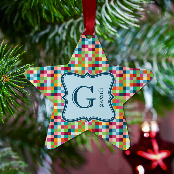 Retro Pixel Squares Metal Star Ornament - Lifestyle